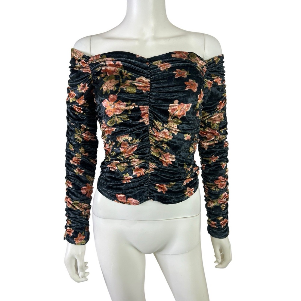 Free People Top Reina Floral Velvet Blue Ruched Off Shoulder Long Sleeve Size S